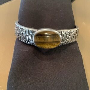 Silver Textured Cuff Bracelet with Oval Tiger's Eye Stone